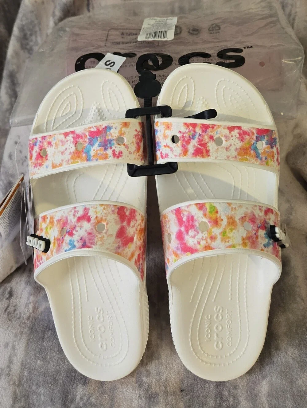 CROCS White Slide Sandals with Pink, Blue & Orange Splash 8 M / 10 W